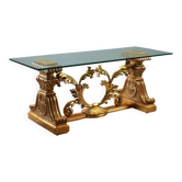 Table basse ancienne en bois doré avec plateau en verre, Italie, XXe siècle