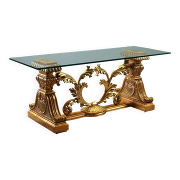 Antique coffee table in gilded wood with a glass top, Italy, 20th century.