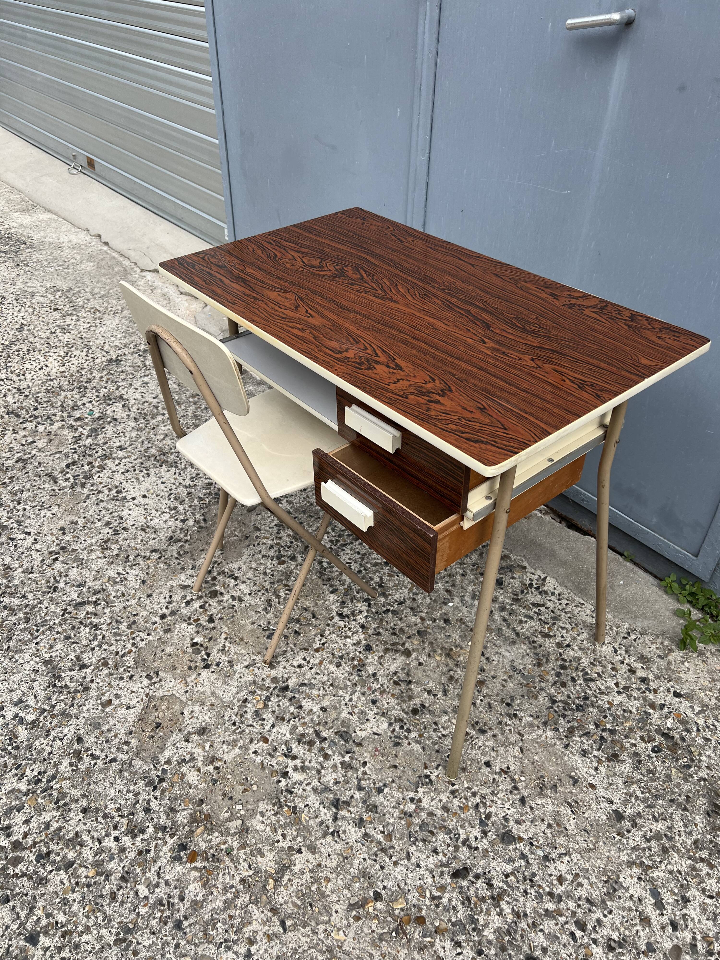 Small vintage desk with formica drawers and 70s chair