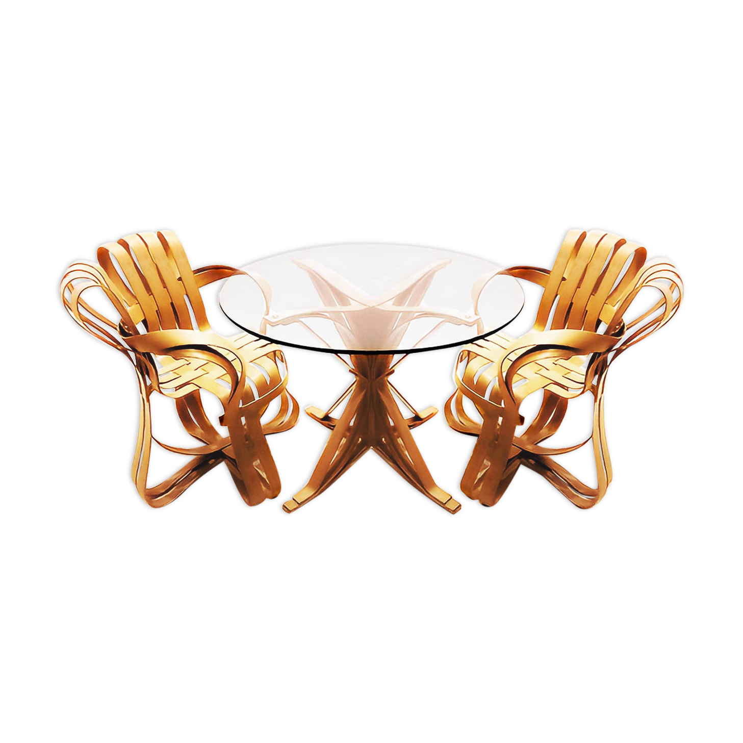 Frank Gehry dinette with 2 bentwood Cross Check chairs and a Face Off dining table for Knoll Inc.