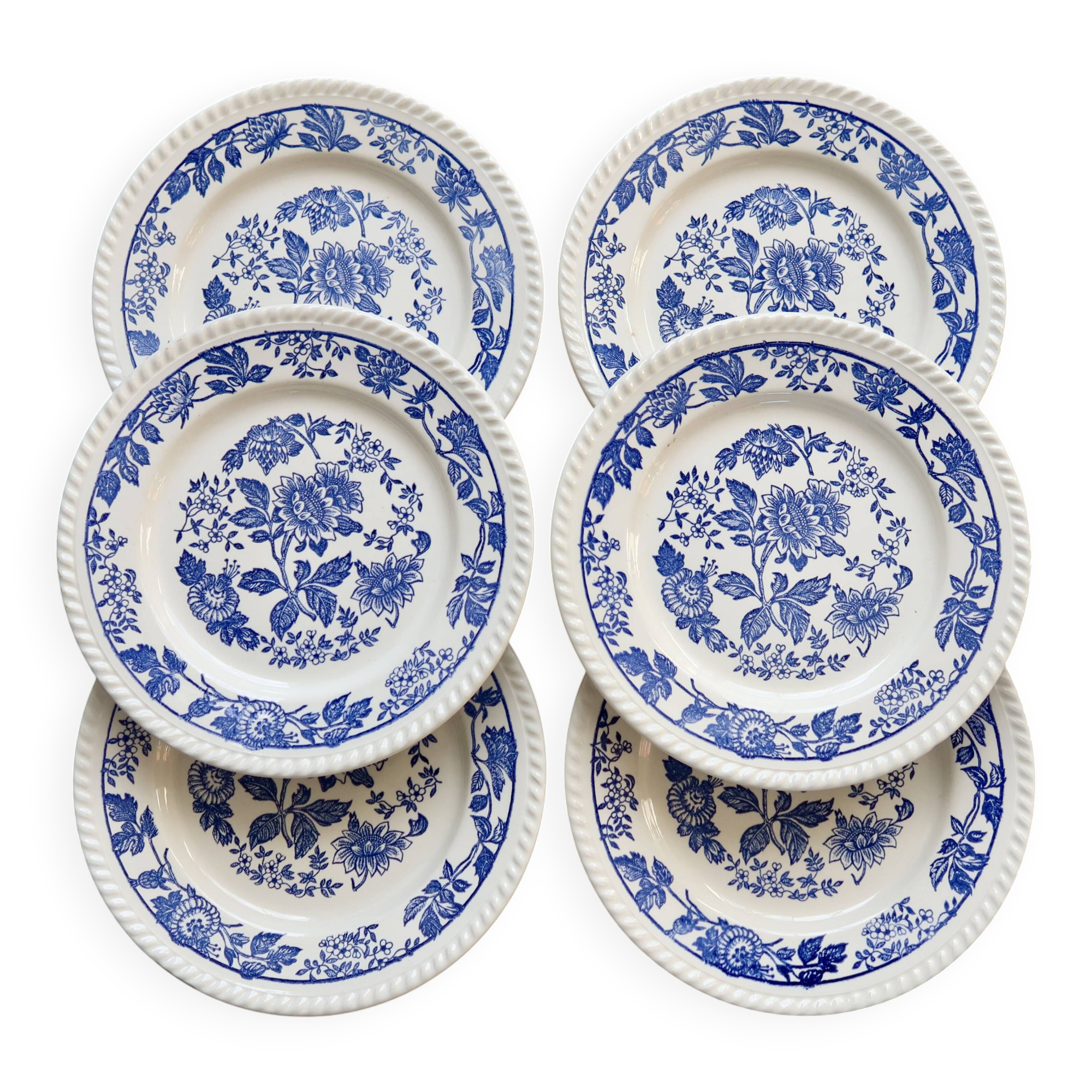 6 vintage white porcelain dinner plates with a blue floral pattern