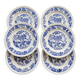 6 vintage white porcelain dinner plates with a blue floral pattern