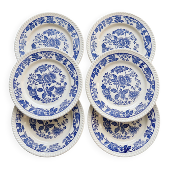 6 assiettes plates vintage en porcelaine blanche motif fleuri bleu