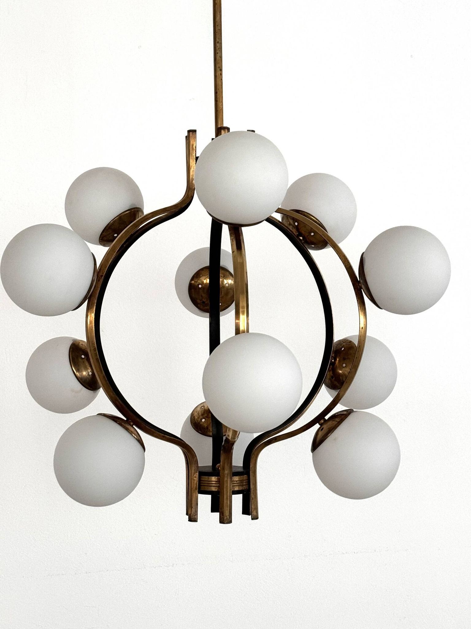 Stilnovo Italian Midcentury Chandelier, Brass & Opaline Glass, 1950s
