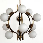 Stilnovo Italian Midcentury Chandelier, Brass & Opaline Glass, 1950s