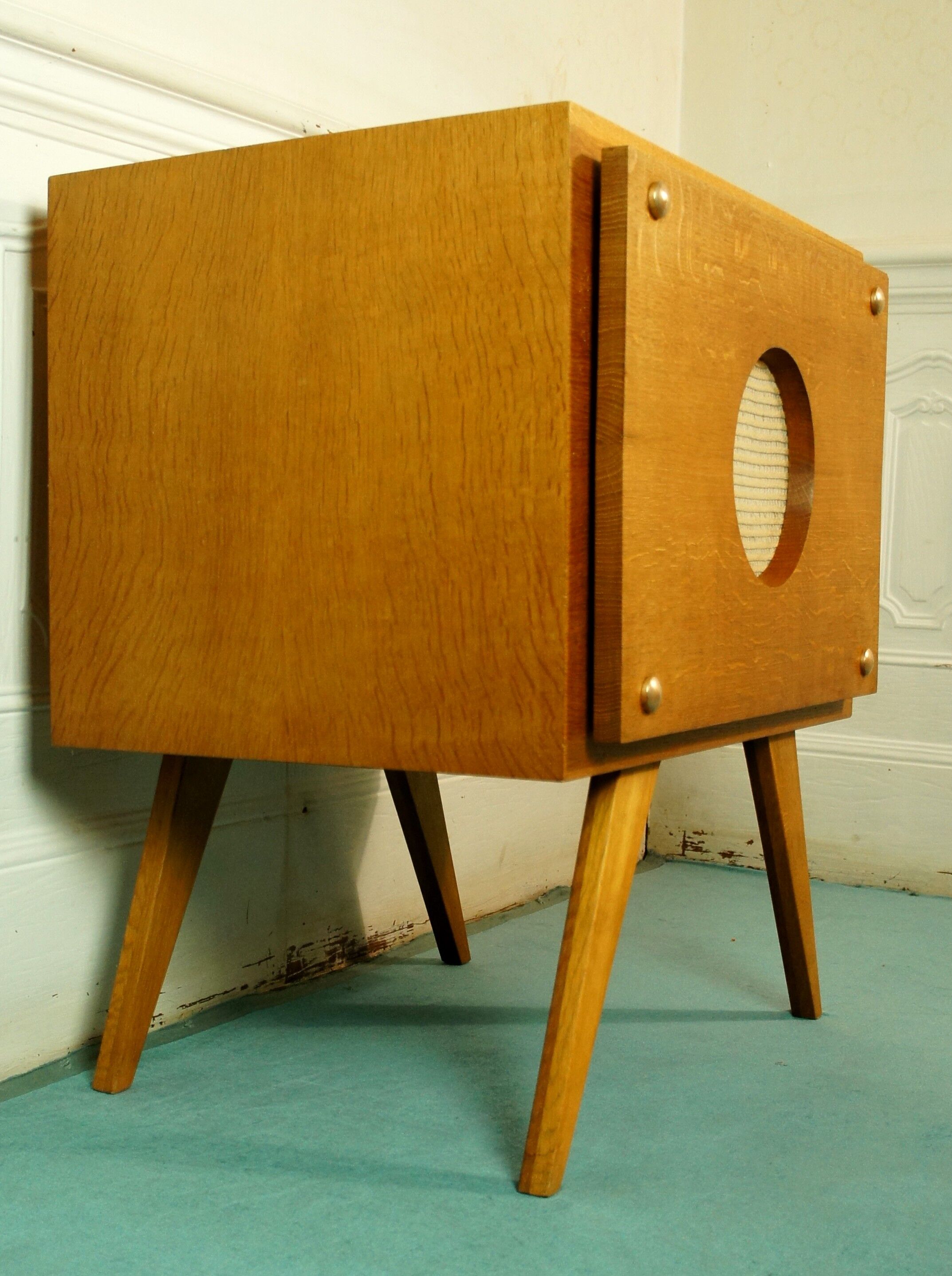 Golden oak compass stand & speaker cabinet 1960