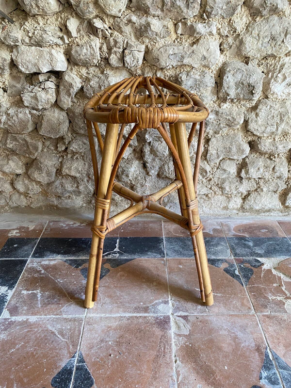 Tabouret vintage en rotin, France 1970