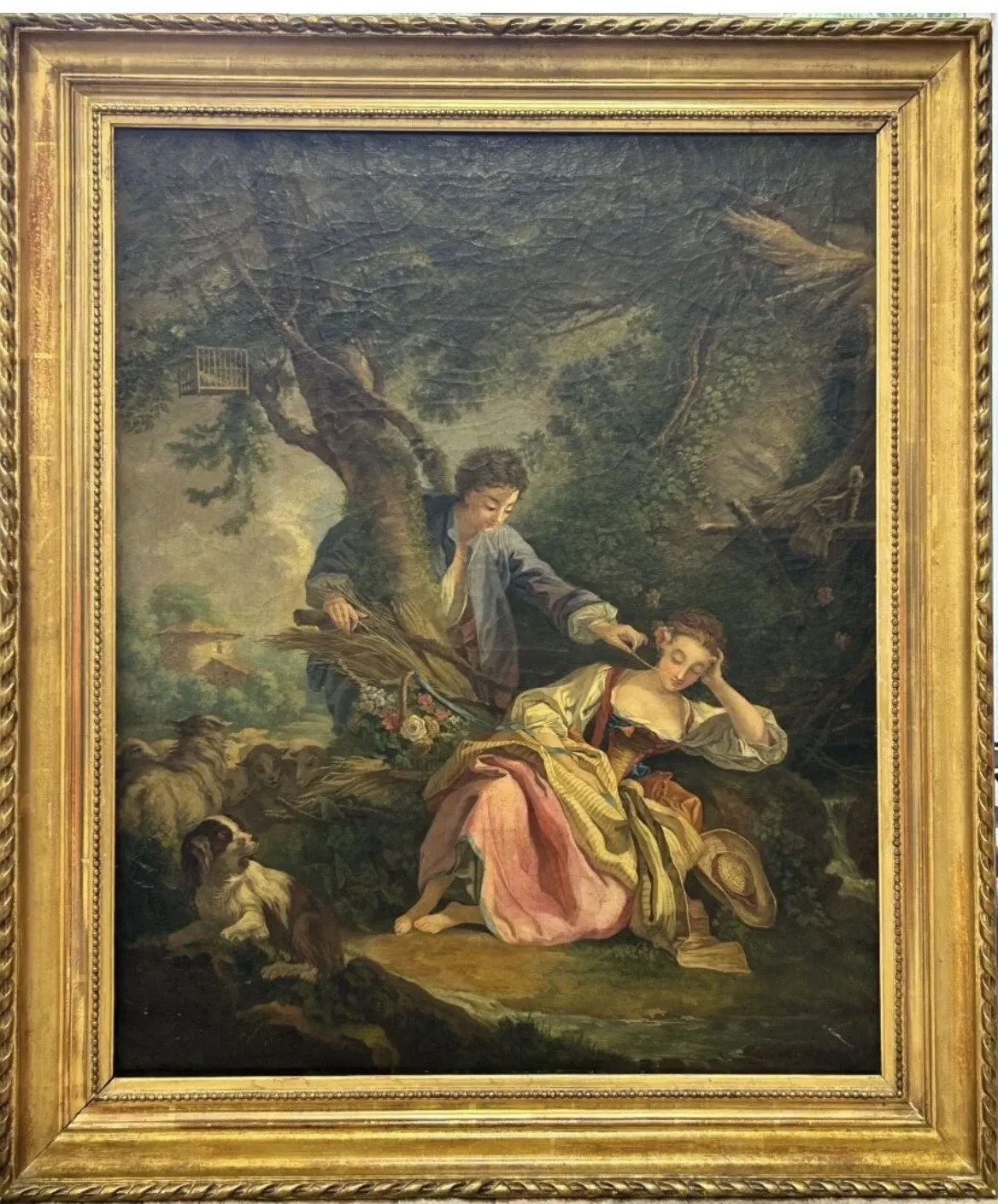 Large oil painting on canvas from the 19th century – Gallant scene after François Boucher