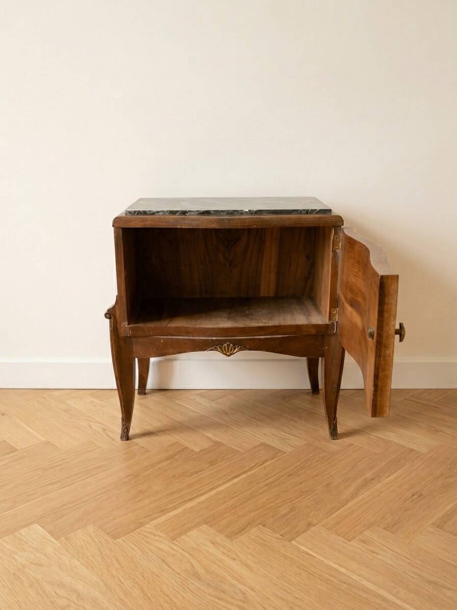 Art Deco bedside table in wood with a marble top.