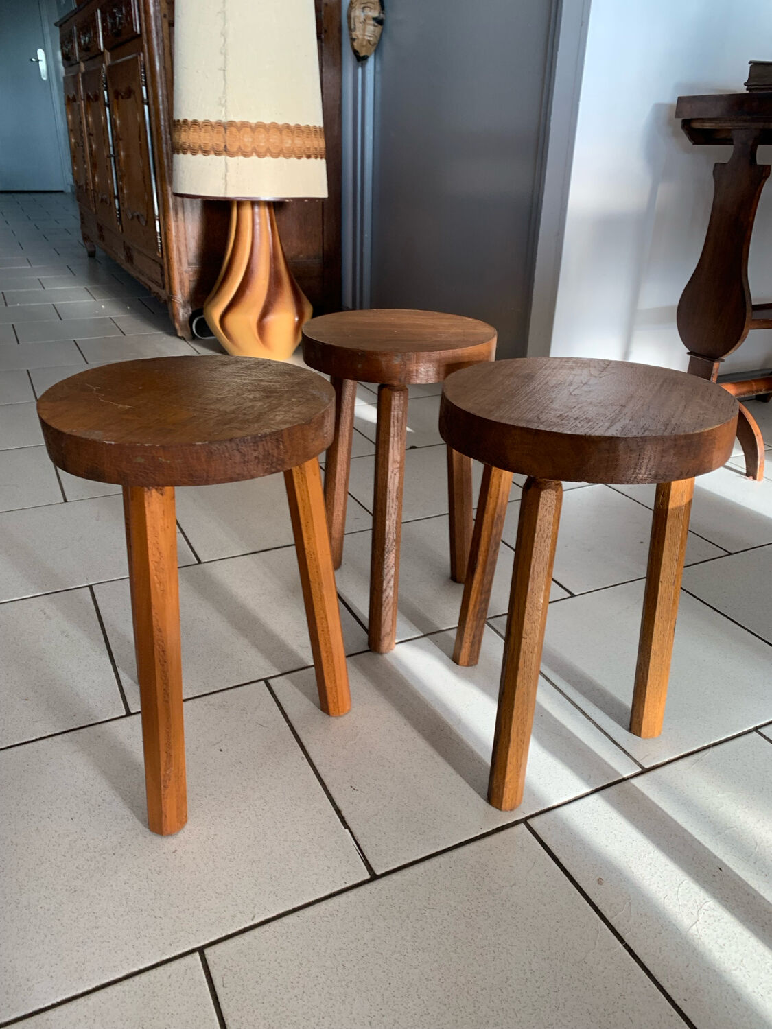 Lot of vintage wooden tripod stools