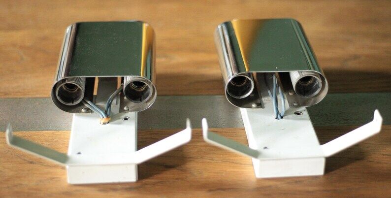 Pair of chrome wall sconces with Murano glass, wall light, art of glass, interior decoration.