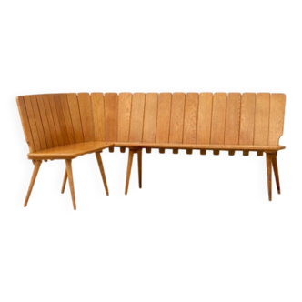 Brutalist corner bench in oak – European design, 1960s/70s