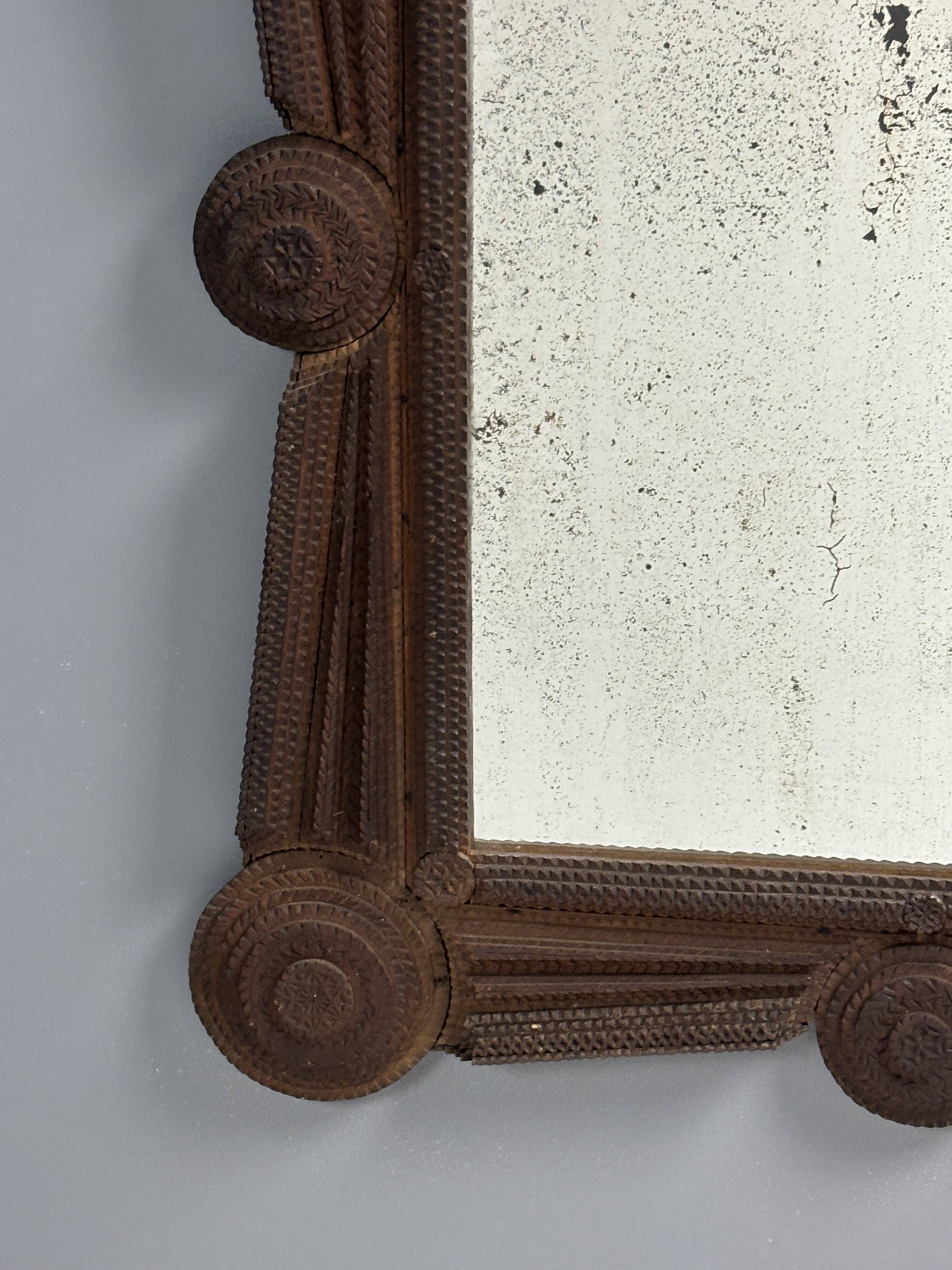 Antique tramp art folk art distressed mirror, Austria ca 1900s