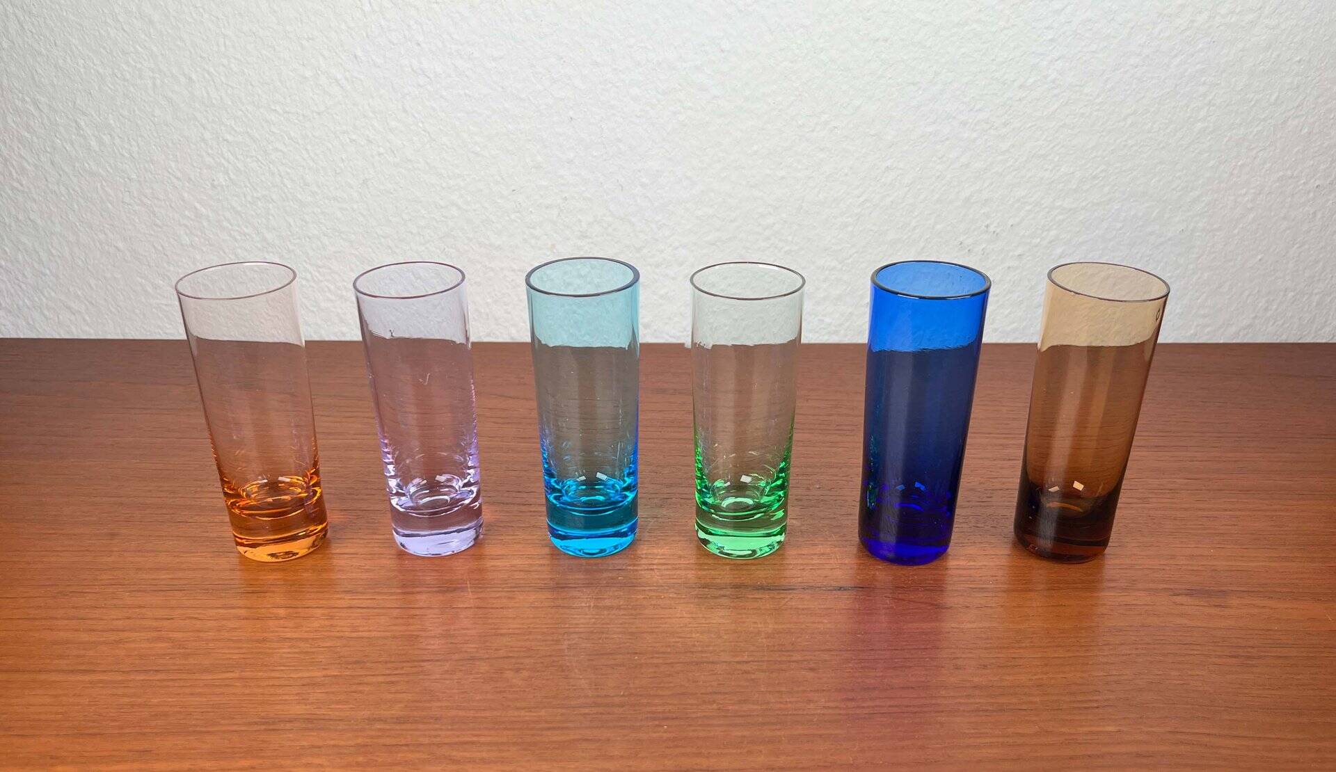 Coloured German shot glasses from the mid-century, 1960s, set of 6.