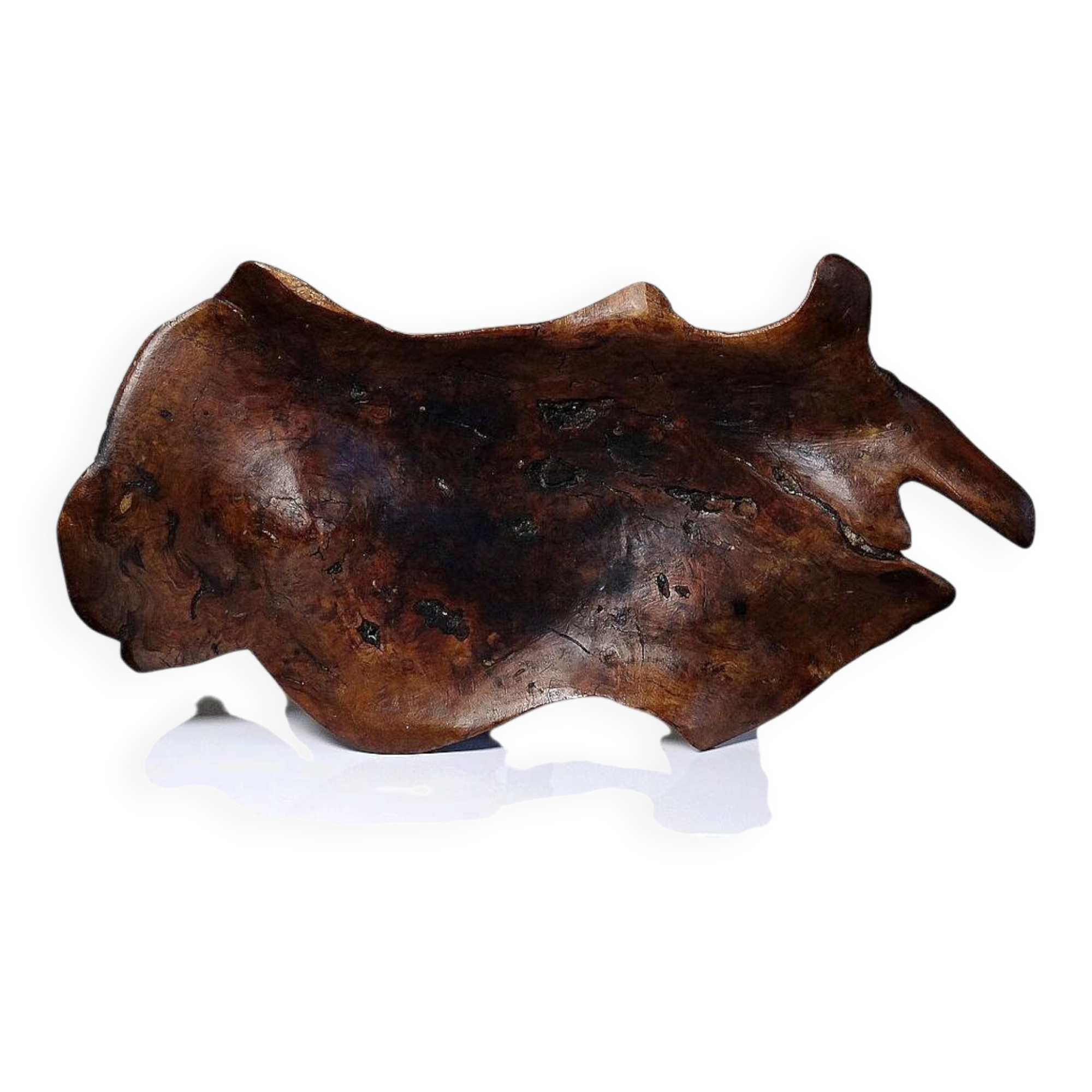Large monoxyle bowl made of dark raw olive wood from the 1950s.