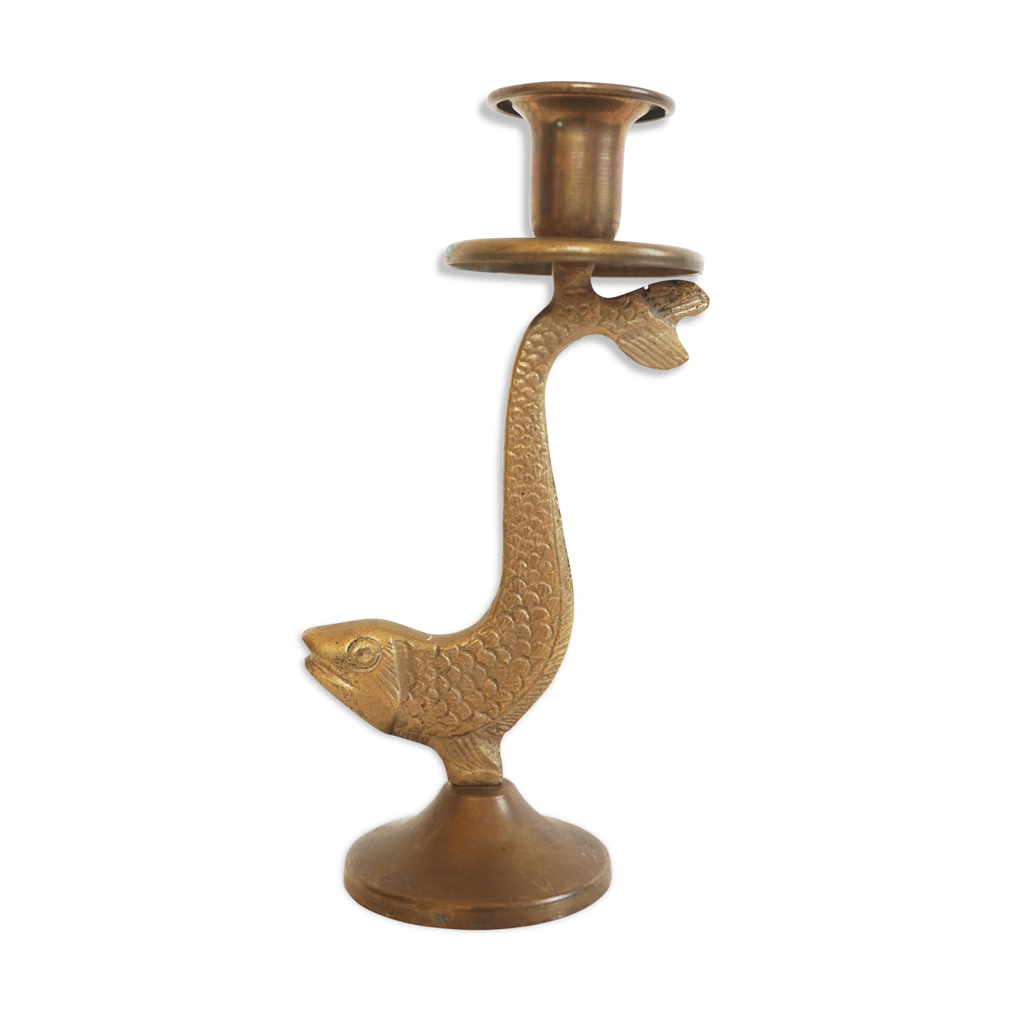 Old golden brass fish candlestick