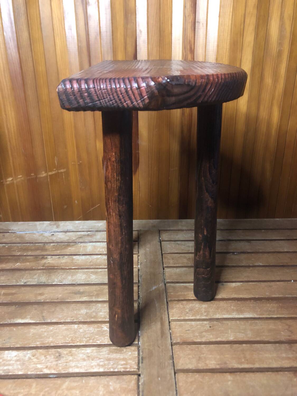 Vintage half moon wooden tripod milking stool #a580