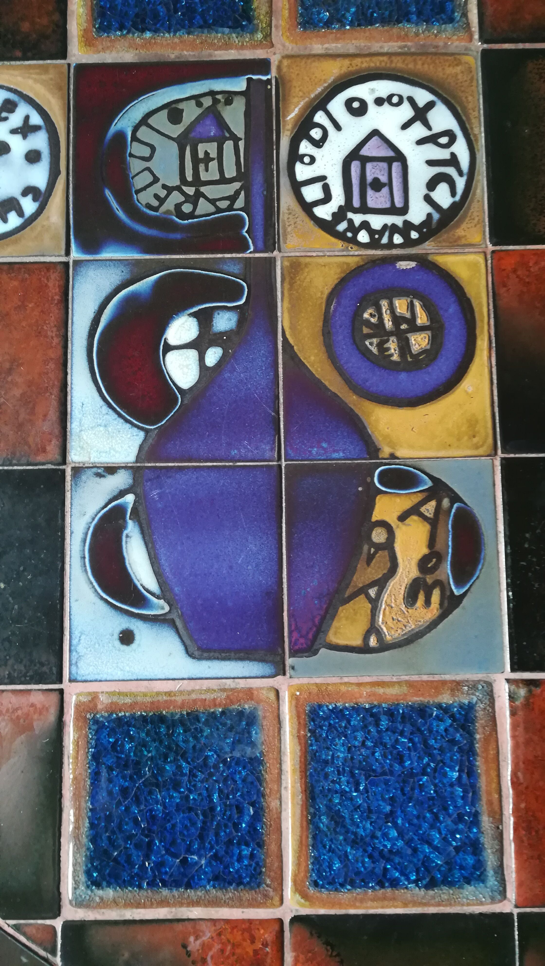 Coffee table, ceramic tray, metal feet, circa 1960