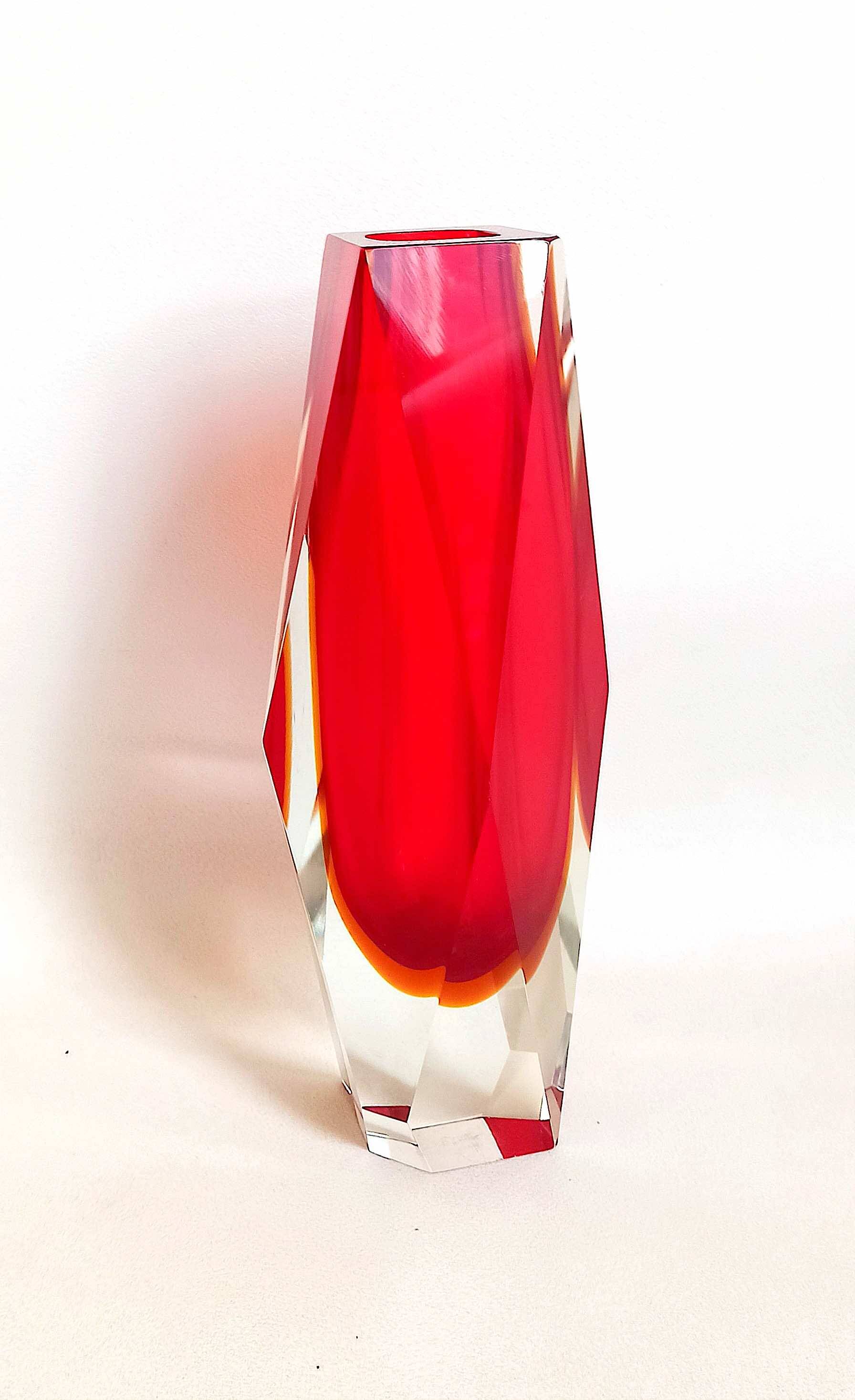 Bright red Murano Sommerso faceted vase 1960s Height 30 cm