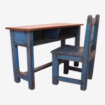 Old Burmese teak school set and school chair original blue patina / height under desk
