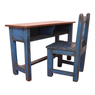 Old Burmese teak school set and school chair original blue patina / height under desk