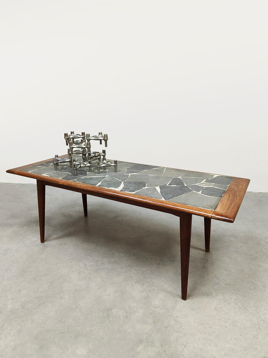 Vintage Danish design teak & slate stone coffee table