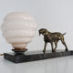 Lamp, Art Deco night light, dog on black marble base, pink globe. Year 30