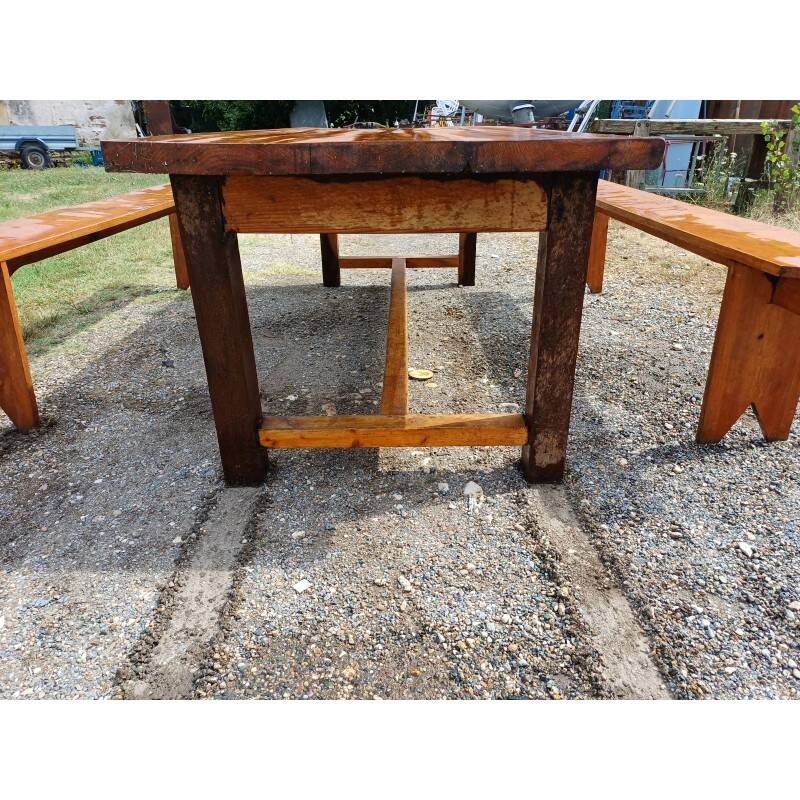 Table de ferme campagnarde en chêne et pin + 2 bancs