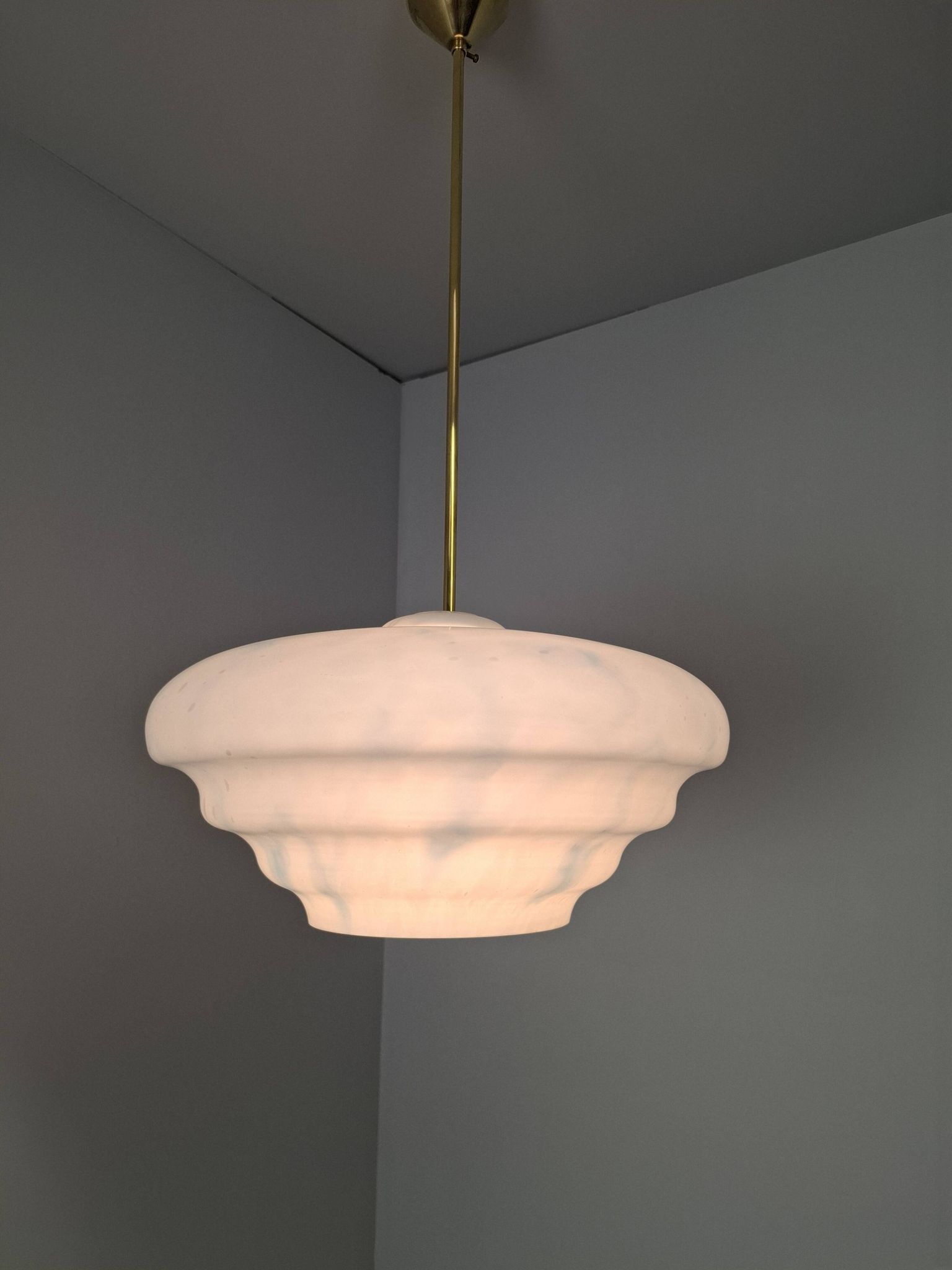 Napako Midcentury Modern Pendant Lamp in Opaline Glass and Brass, Czechoslovakia