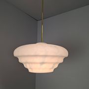 Napako Midcentury Modern Pendant Lamp in Opaline Glass and Brass, Czechoslovakia