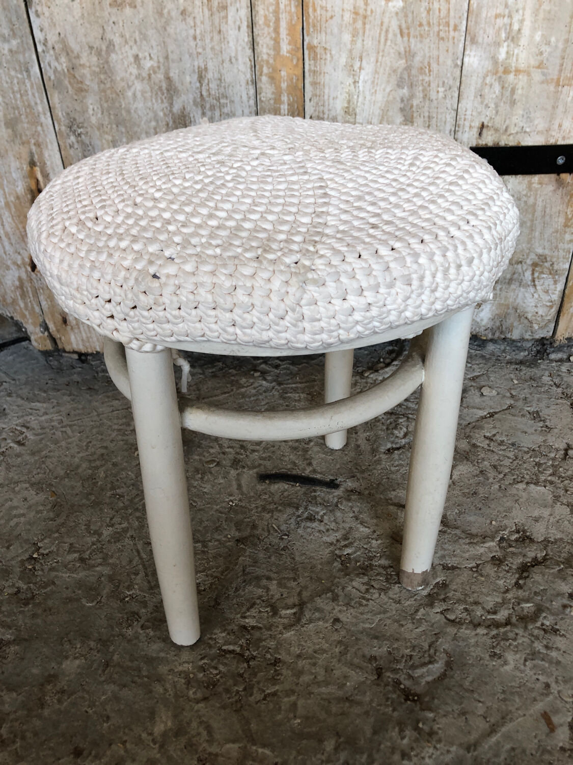 White wooden stool + vintage wool seat #a294