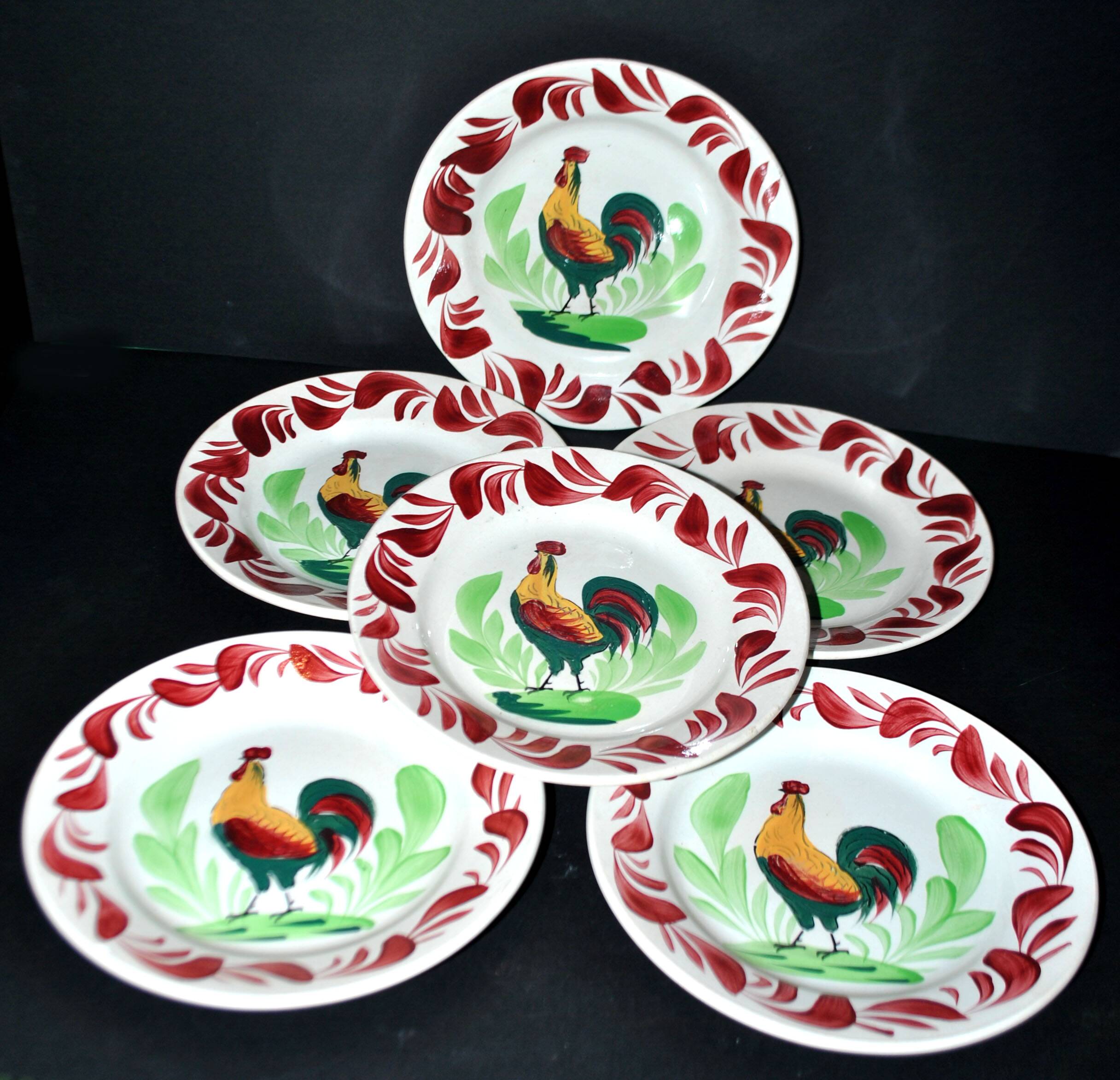 Set of 6 hand-painted Choisy-Le-Roi earthenware COQ plates