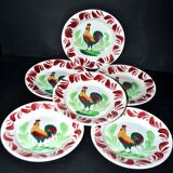 Set of 6 hand-painted Choisy-Le-Roi earthenware COQ plates