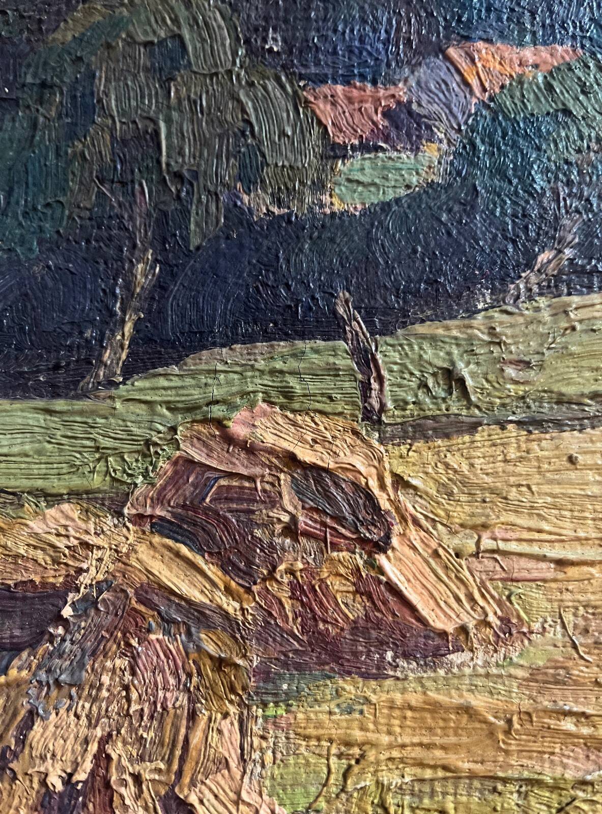 Oil painting on canvas "Landscape with Haystacks and Village" signed Post-Impressionist