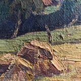 Oil painting on canvas "Landscape with Haystacks and Village" signed Post-Impressionist