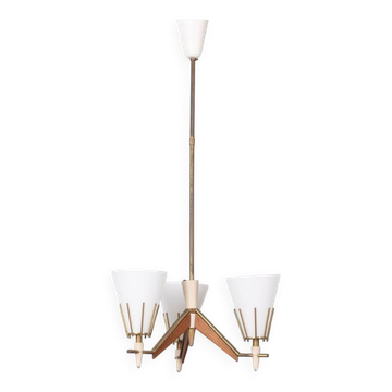 Lustre vintage années 50 en laiton, bois et verre opale design italien