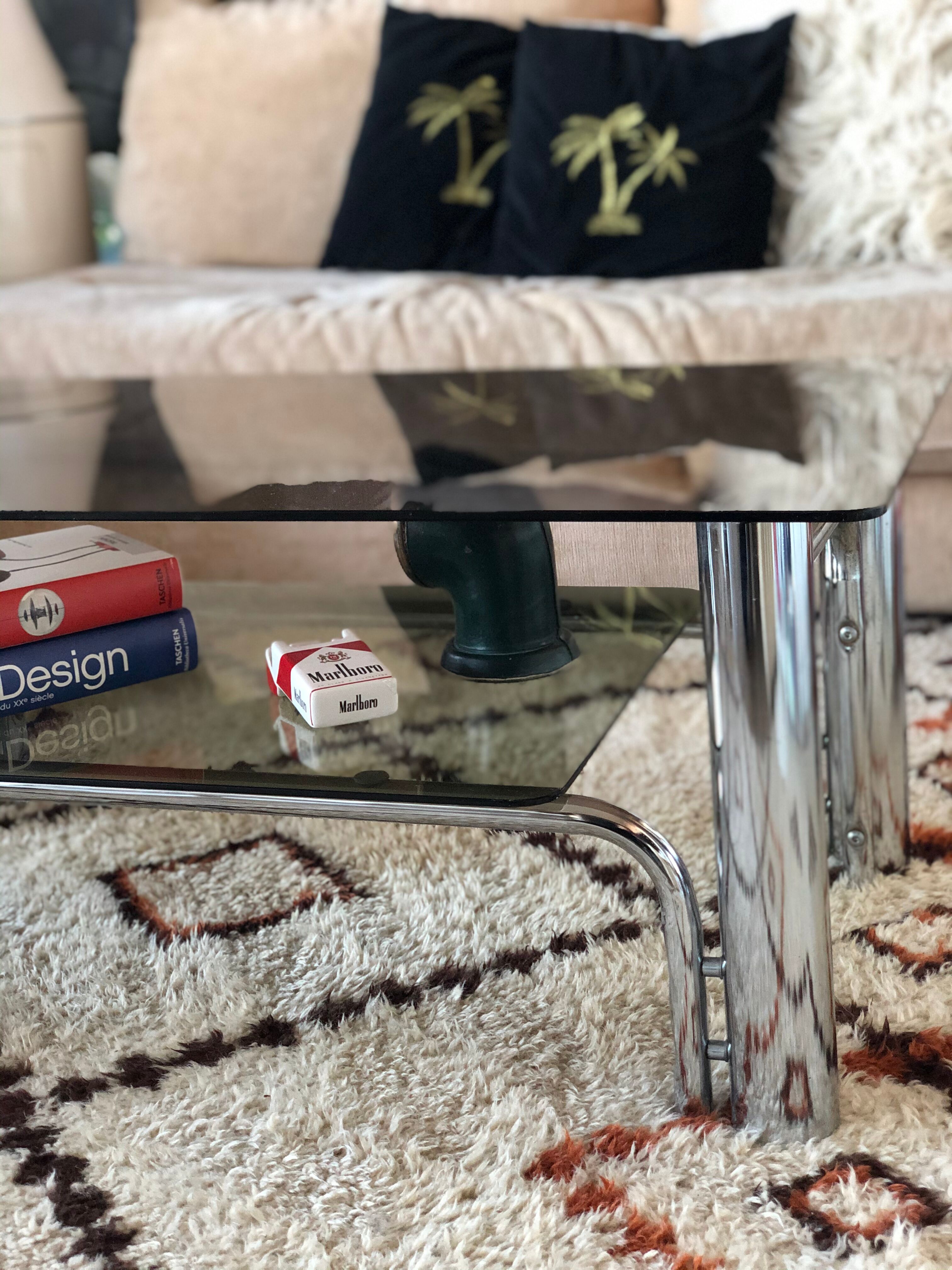 Chromium coffee table and 1970s smoked glass