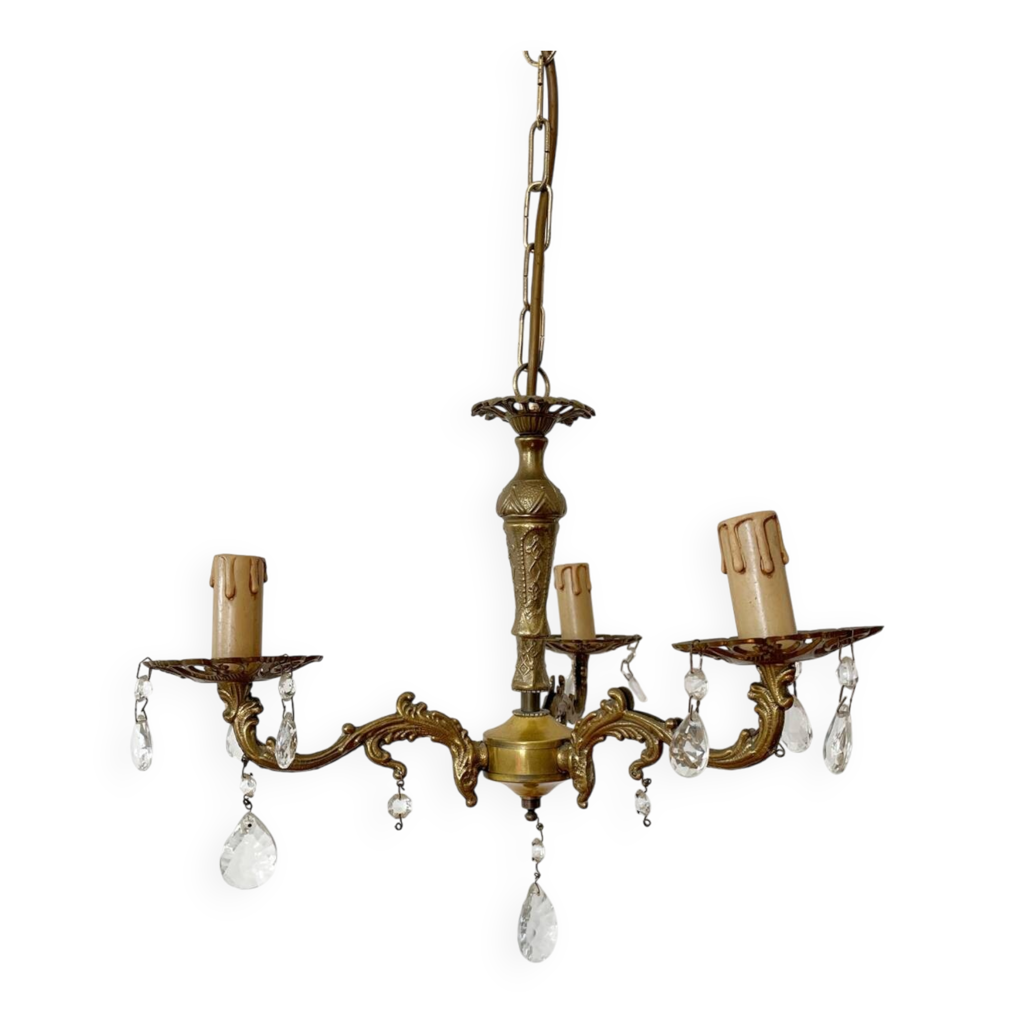 Antique 3-arm brass chandelier with tassels