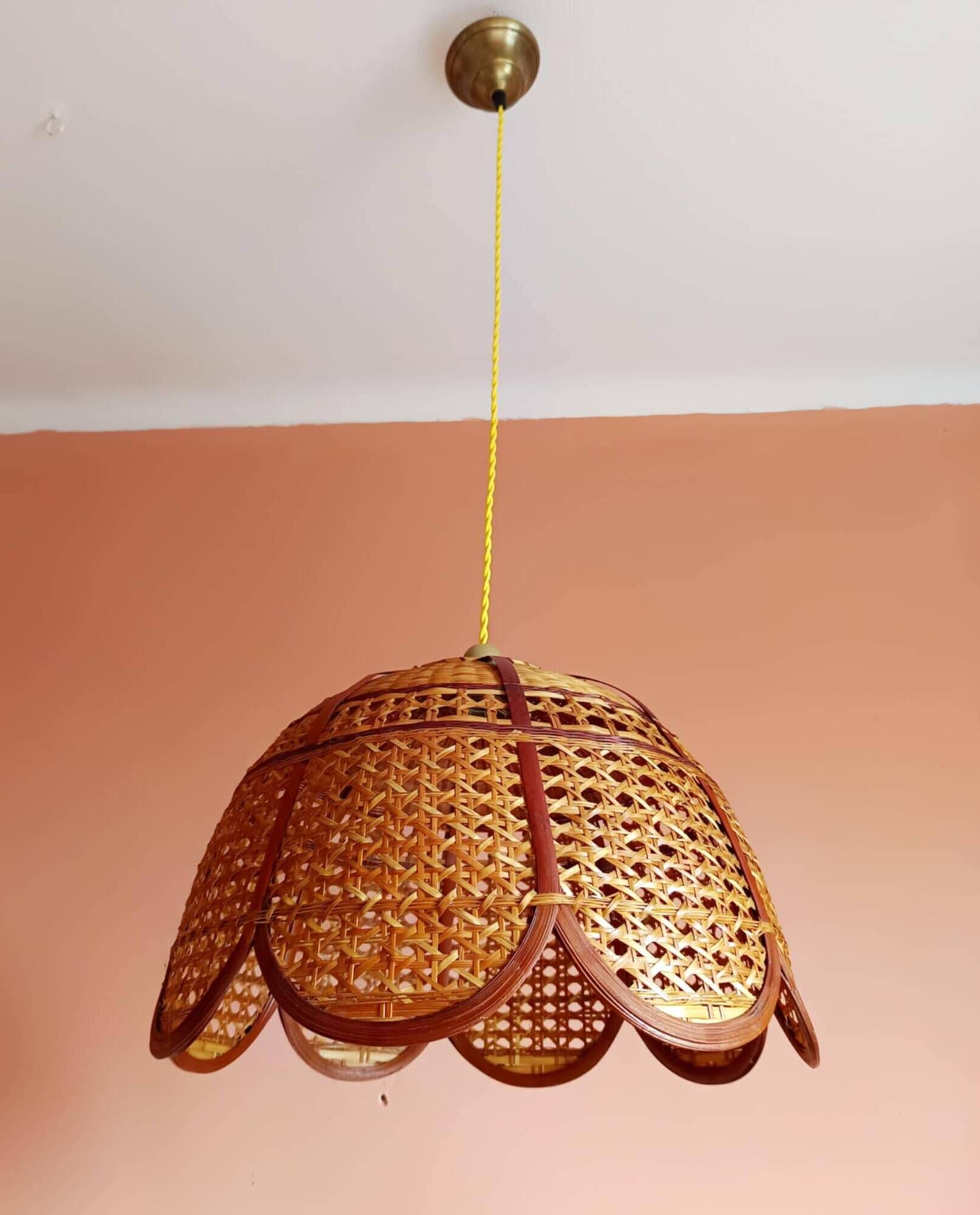 Large cane and rattan vintage bohemian suspension from the 1970s.