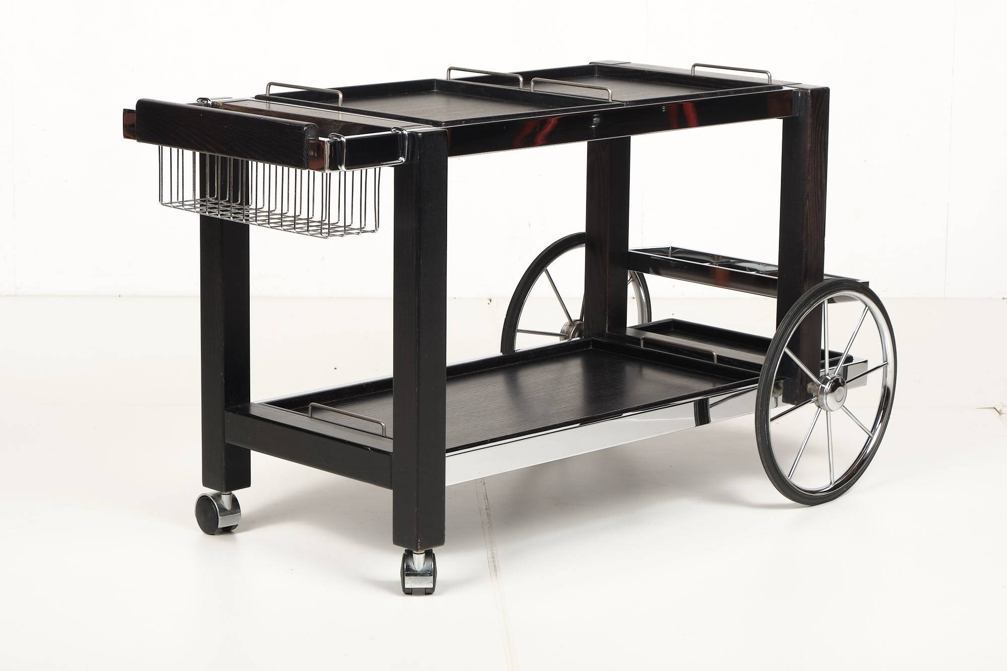 Tea trolley, black ash, chrome, vintage, modular, ca 1980