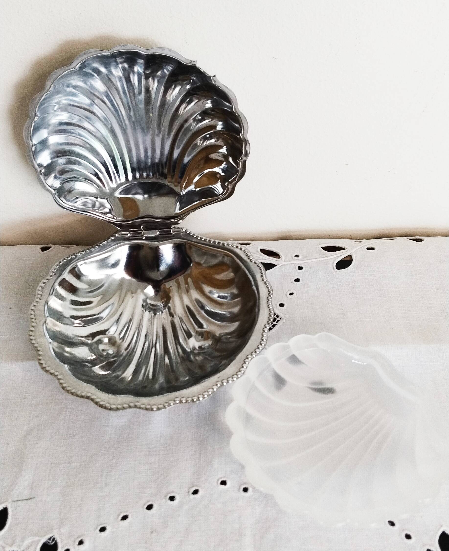 Scallop shell butter dish in metal and glass