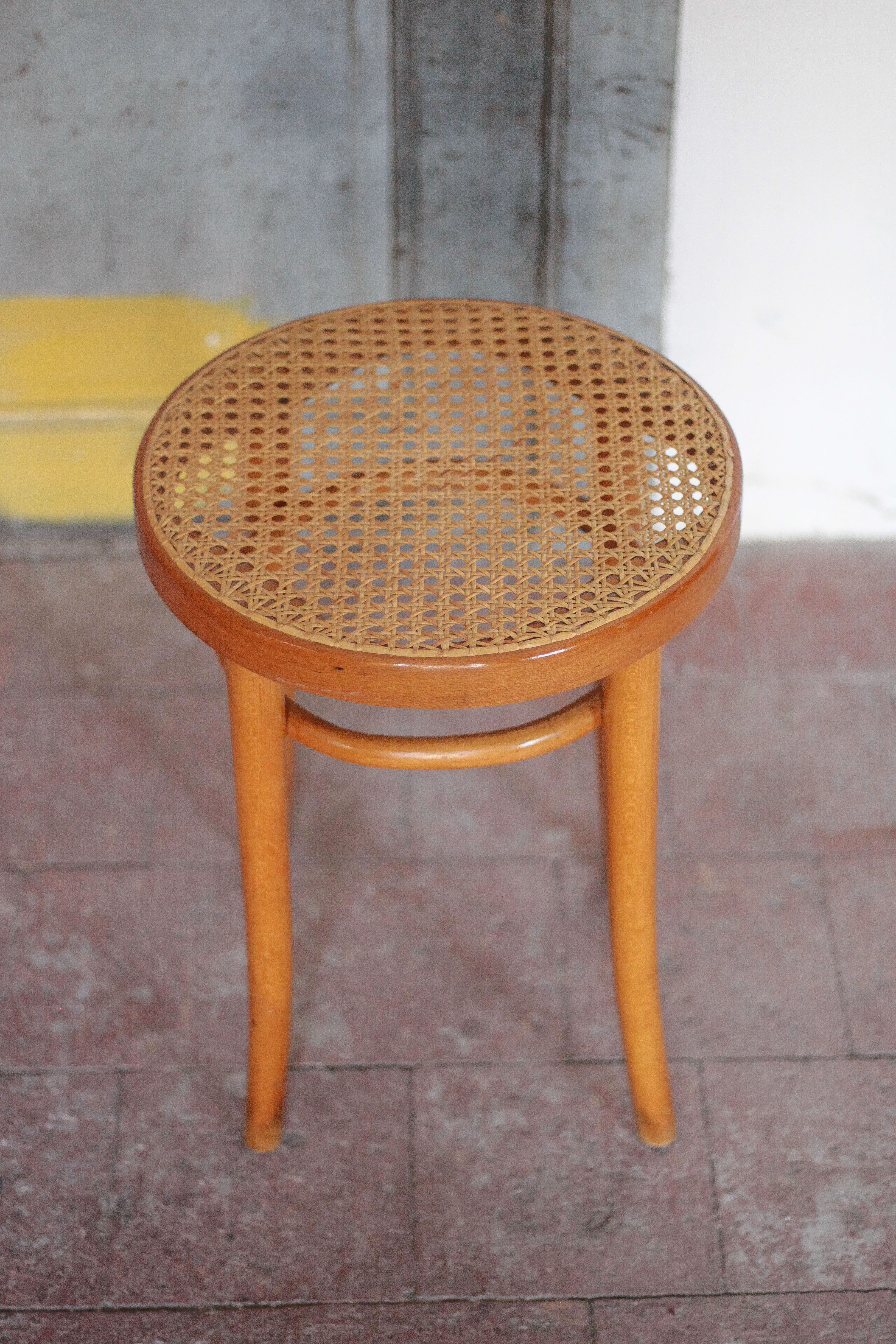 Vintage wooden and cane stool, stool made in Romania, wooden stool