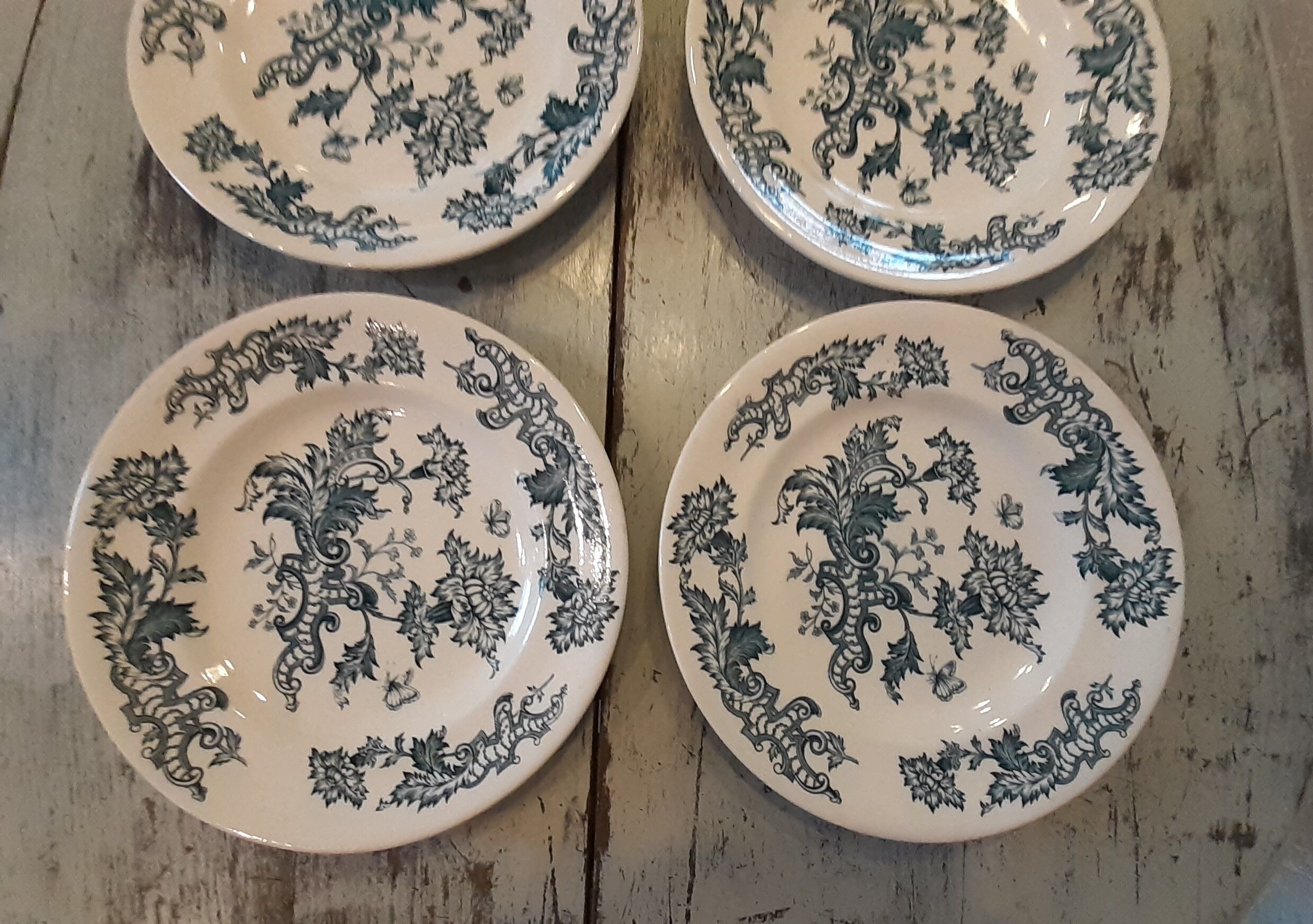 6 flat plates earthenware of longwy fimes blue decoration flowers and butterflies