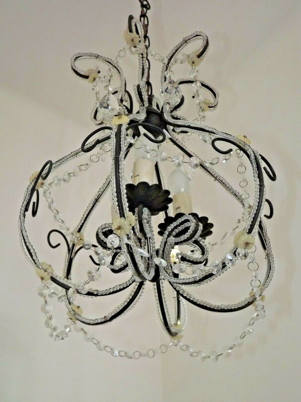 French Parisian Chic Black 3 Light Crystal Beaded 6 Sided Cage Chandelier 3620