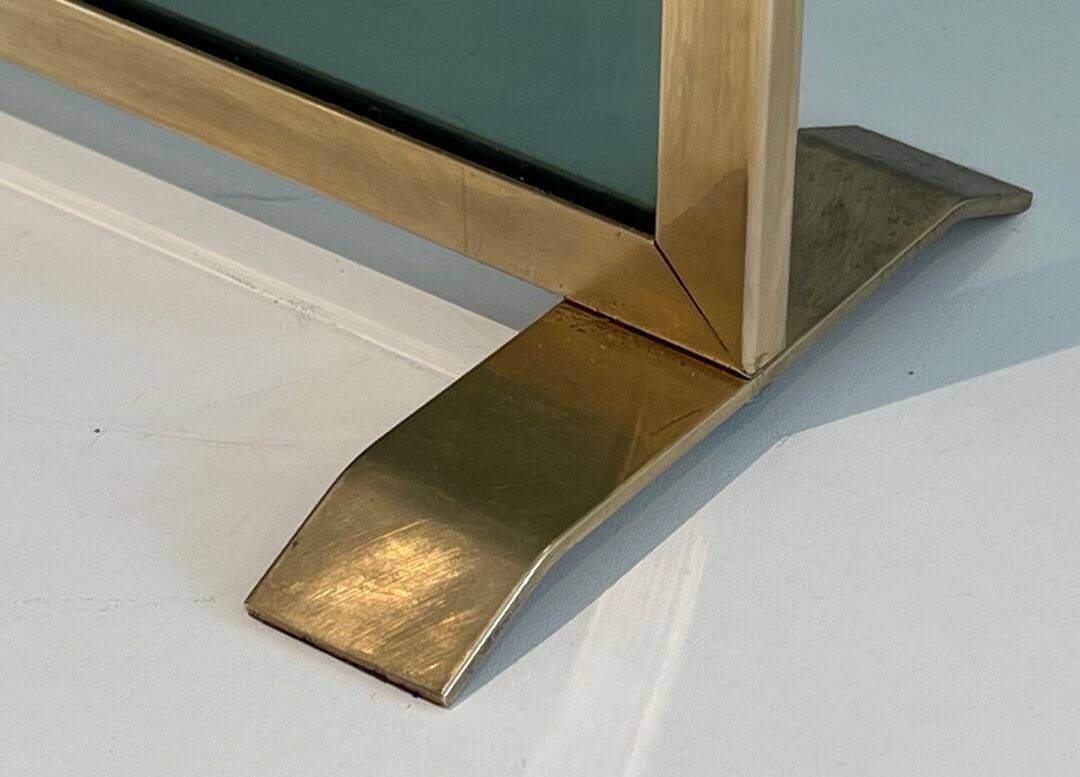Single Panel Fire Screen in Tinted Green Glass with Brass Frame