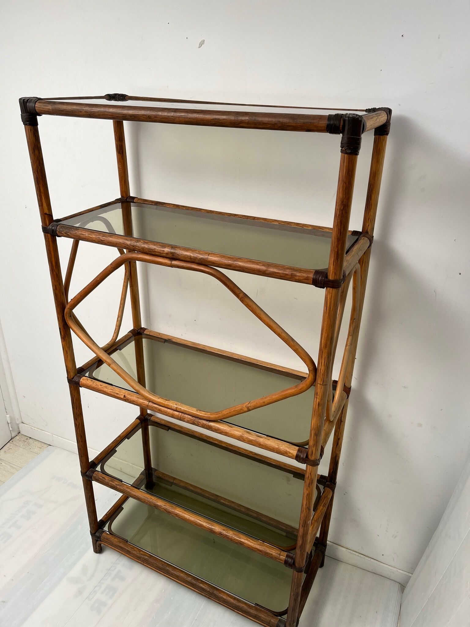 Showcase shelf in vintage smoked glass bamboo
