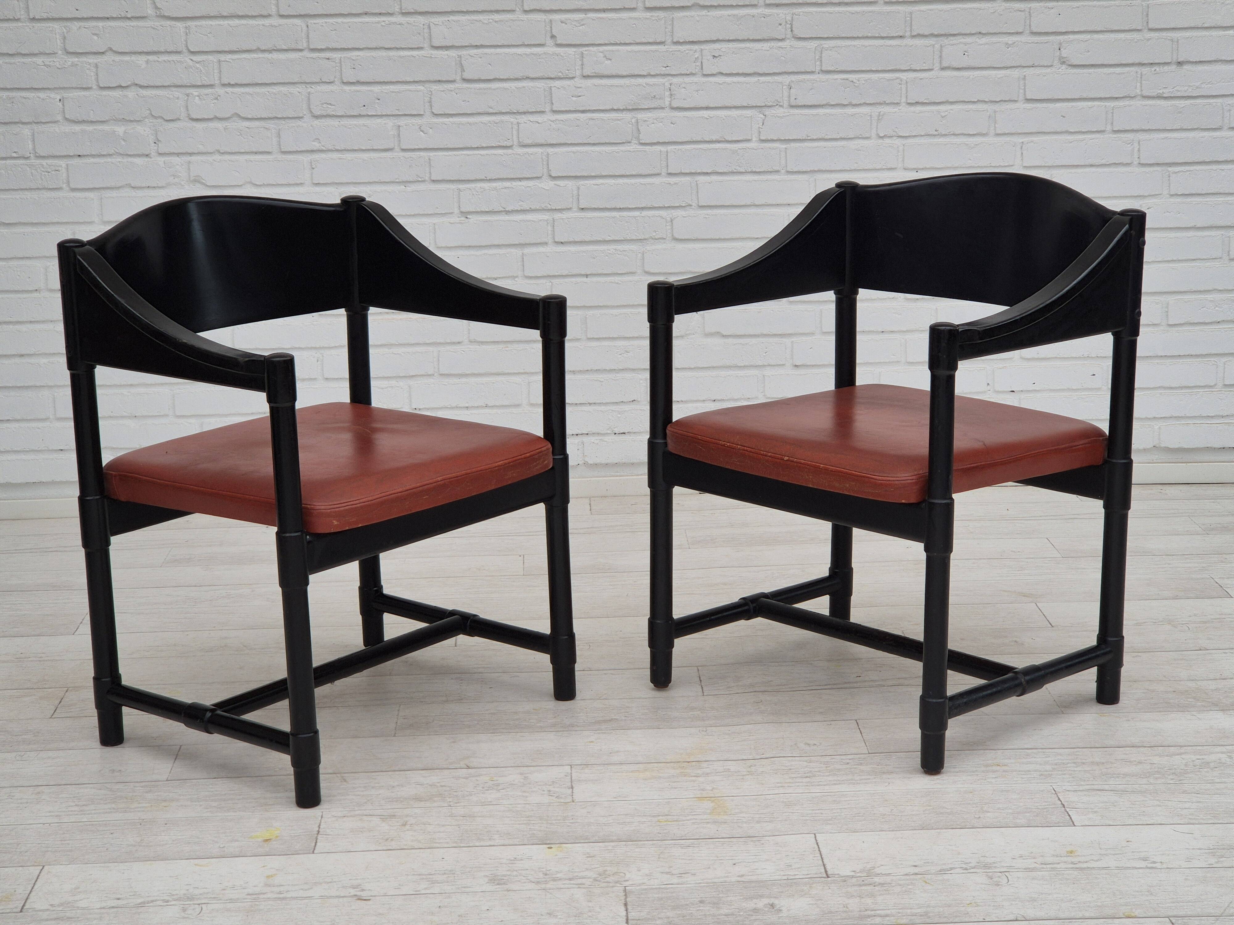 1970s, set of 2 Finnish armchairs by Lepokalusto, original condition, birch wood, leather.