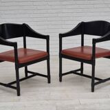 1970s, set of 2 Finnish armchairs by Lepokalusto, original condition, birch wood, leather.