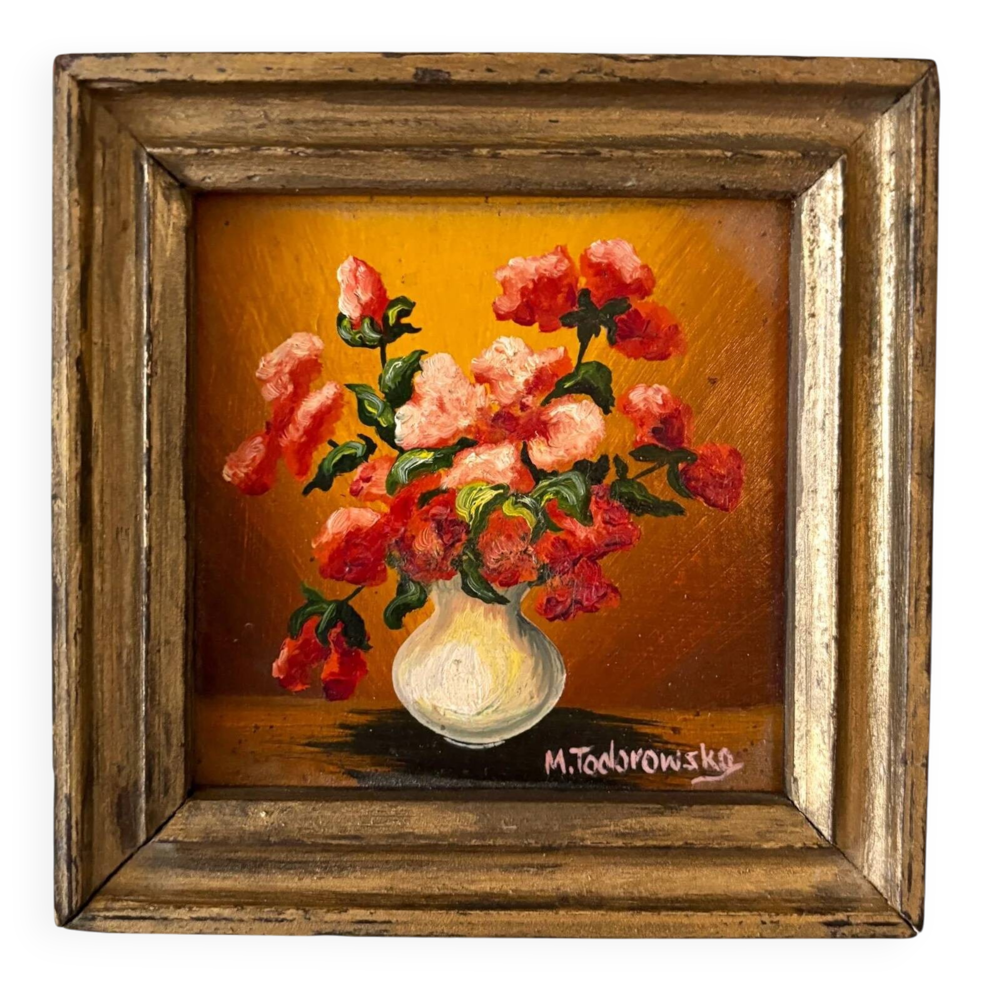 Framed painting on wood - red flowers