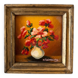 Framed painting on wood - red flowers